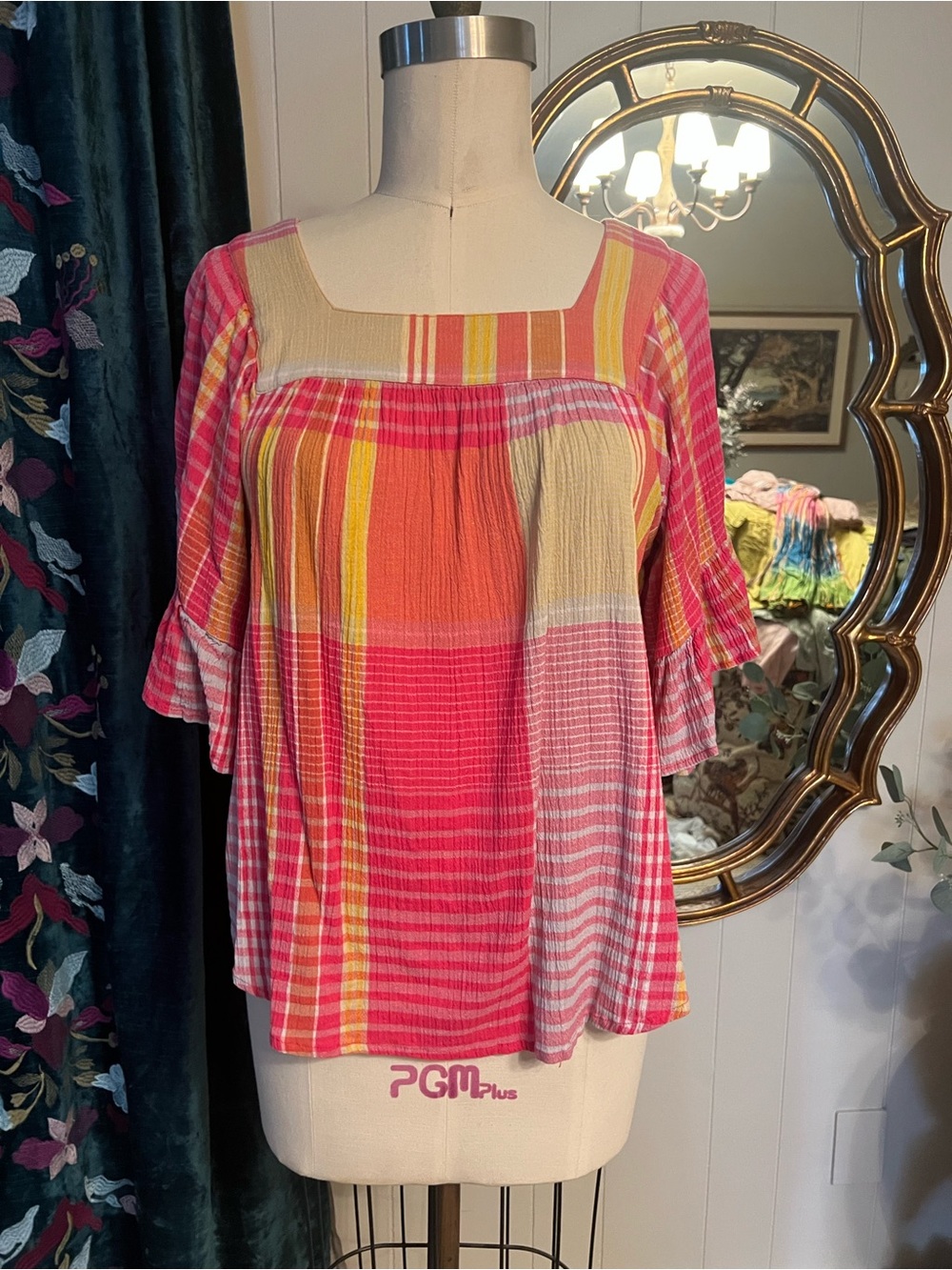 beachlunchlounge Pink Multi Stripe Square-Neck Ruffle Sleeve Tunic